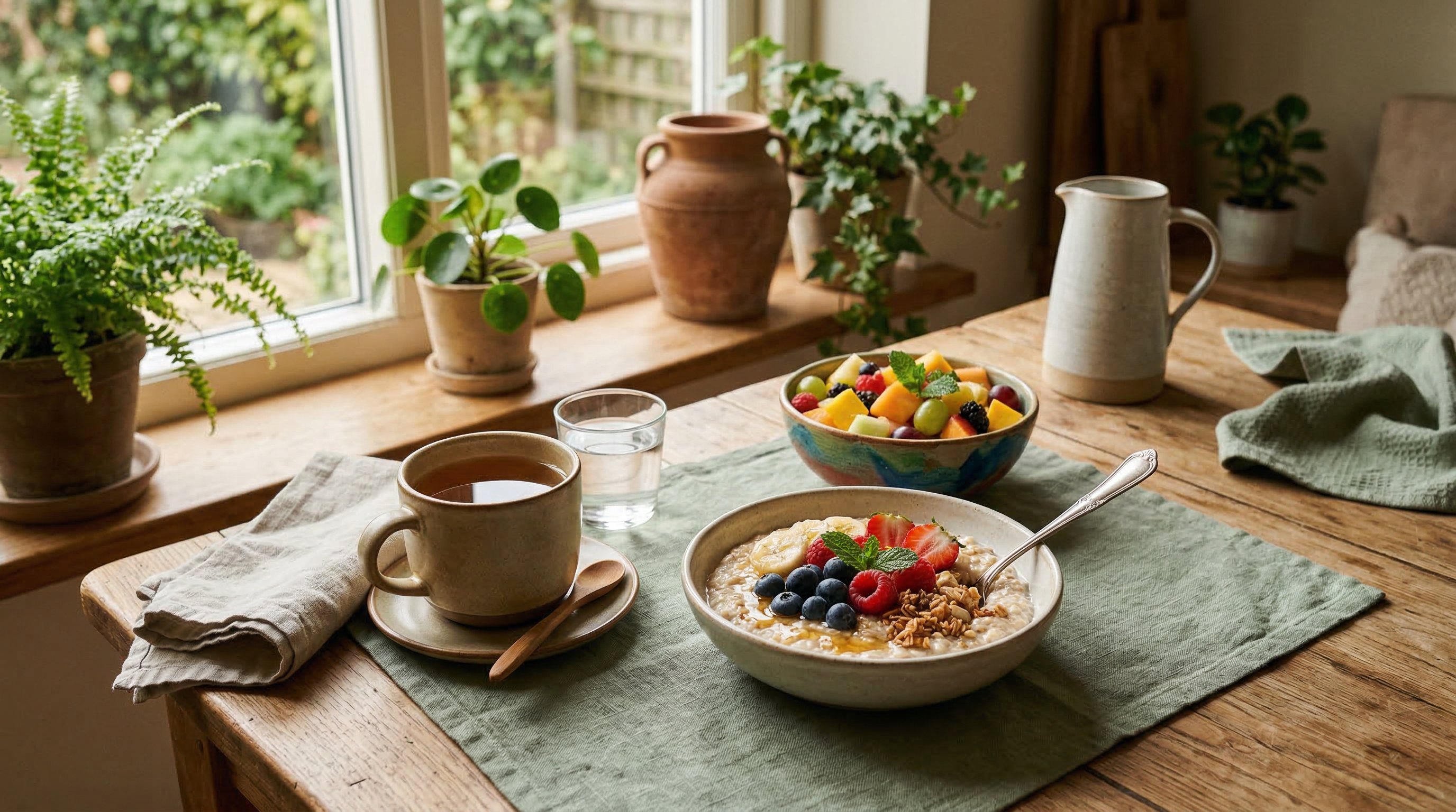 A warm, nurturing breakfast scene with oatmeal, berries, fresh fruit and herbal tea on a wooden table by a window