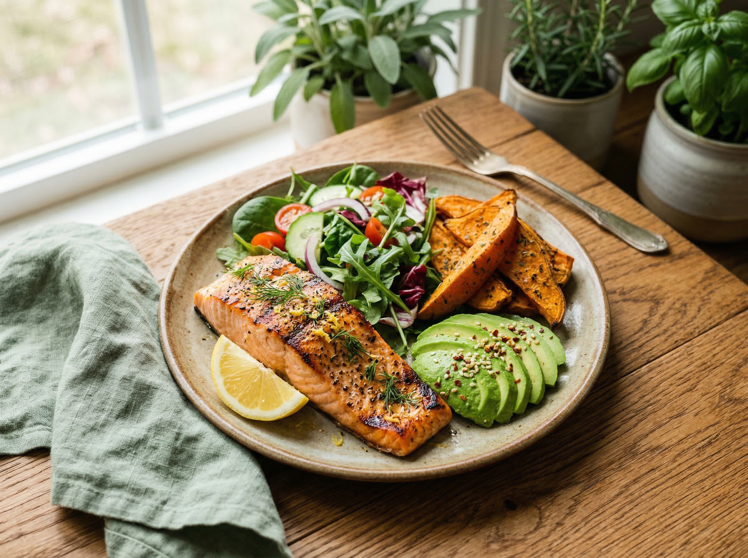 A nourishing plate of grilled salmon, sweet potato, avocado and leafy greens